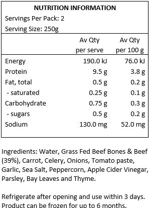 Water, Grass Fed Bones & Beef (39%), Carrot, Celery, Onion, Tomato Paste, Garlic, Sea Salt, Peppercorn, Apple Cider Vinegar, Parsley, Bay Leaves, Thyme.