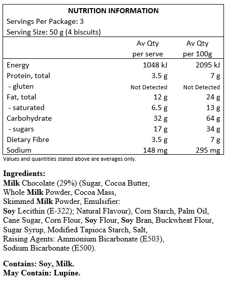 Milk chocolate (29%) (sugar, cocoa butter, whole milk powder (17%), cocoa mass (10%), skimmed milk powder (4%), emulsifier: soya lecithin, natural flavouring), maize starch, vegetable oil, cane sugar, maize fl our, soya fl our, soya bran, buckwheat fl our, sugar beet syrup, modified tapioca starch, salt, raising agents: ammonium and sodium hydrogen carbonate.