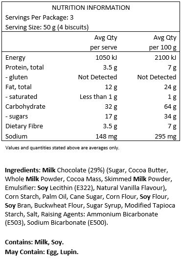 Milk chocolate (29%) (sugar, cocoa butter, whole milk powder (17%), cocoa mass (10%), skimmed milk powder (4%), emulsifier: soya lecithin, natural flavouring), maize starch, vegetable oil, cane sugar, maize fl our, soya fl our, soya bran, buckwheat fl our, sugar beet syrup, modified tapioca starch, salt, raising agents: ammonium and sodium hydrogen carbonate.