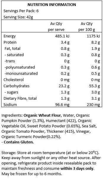 Organic Wheat Flour, Water, Organic Pumpkin Powder(1.3%), Humectant(422), Organic Vegetable Oil, Sweet Potato Powder(0.65%), Sea Salt, Organic Tomato Powder, Thickner(415), Vinegar, Turmeric Powder(0.22%) - Contains GLUTEN