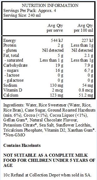 Water, Rice Sweetener (Water, Rice, Rice Bran), Cane Sugar, Ground Roasted Hazelnuts (min. 2-6%), Cocoa (<1%), Cocoa Liquor (<1%), Gellan Gum*, Natural Flavour, Potassium Citrate*, Sea Salt, Sunflower Lecithin, Tricalcium Phosphate, Vitamin D2, Xanthan Gum*. *Non-GMO. Contains Hazelnuts

