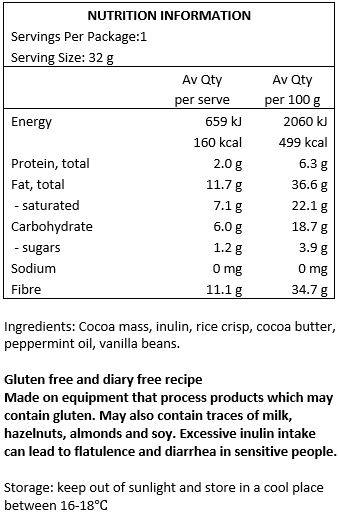 Cocoa Mass*, Inulin, Cocoa Butter*, Rice Crisp 2% (Rice, Millet), Peppermint Oil 0.1%, Vanilla Beans. *Organic