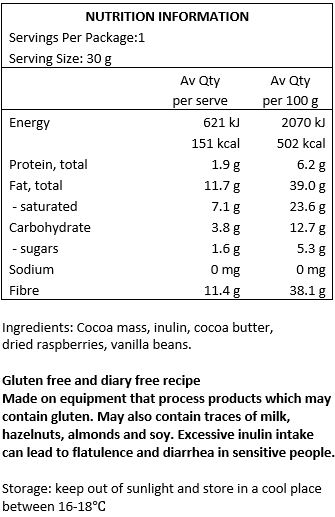 Cocoa Mass*, Inulin, Cocoa Butter*, Dried Raspberries 4%*, Vanilla Beans*. *Organic