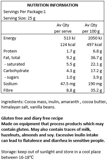 Cocoa Mass*, Inulin, Amaranth 10%*, Cocoa Butter*, Himalaya Salt 0.6%, Vanilla Beans*. *Organic