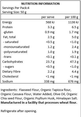 Flaxseed Flour, Organic Tapioca Flour, Organic Cassava Flour, Water Added, Olive Oil, Organic Chia Seed Flour, Organic Psyllium Husk, Himalayan Salt.