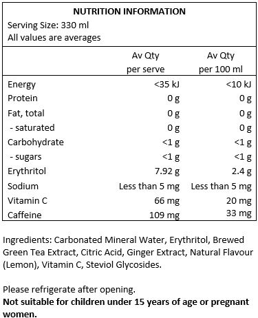 Carbonated mineral water, brewed green tea and green tea extract, erythritol, citric acid, ginger extract, lemon, natural flavour, vitamin c, steviol glycosides.