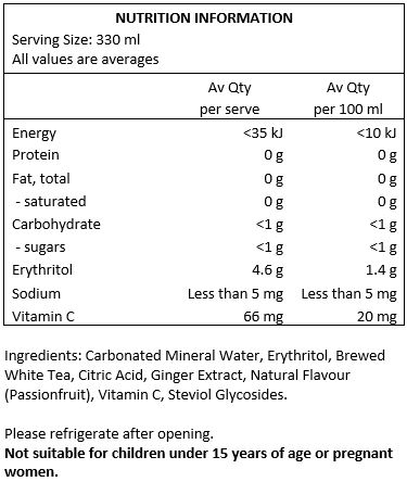 Carbonated mineral water, erythritol, brewed white tea, citric acid, ginger extract, natural flavours (passionfruit), vitamin c, steviol glycosides.
