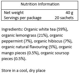 Organic white tea (59%), organic lemongrass (21%), organic peppermint (7%), organic hibiscus (7%), natural mango flavour (1.5%), natural passion fruit flavour (1.5%), natural pineapple flavour (1.5%), natural soursop flavour (1%), organic mango pieces (0.5%), organic soursop pieces (0.5%)