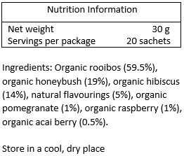 Organic rooibos (59.5%), organic honeybush (19%), organic hibiscus (14%), natural acai berry flavour (3.5%), natural pomegranate (1%), organic raspberry (1%), organic acai berry (0.5%) natural blueberry flavour (0.5%)