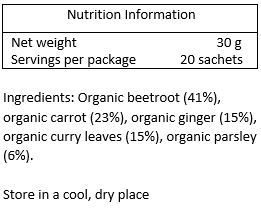 Organic beetroot (41%), organic carrot (23%), organic ginger (15%), organic curry leaves (15%), organic parsley (6%). 
