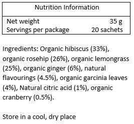 Organic hibiscus (33%), organic rosehip (26%), organic lemongrass (25%), organic ginger (6%), organic garcinia leaves (4%), natural cranberry flavour (3%), natural lychee flavour (1.5%), natural citric acid (1%), organic cranberry (0.50%)
