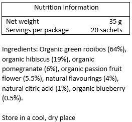 Organic Green Rooibos (63%), organic hibiscus (18%), organic pomegranate (6%), organic passion flower (6%), natural citric acid (2%), natural pomegranate (2%), natural blueberry (2%), natural passion flavour (1%)