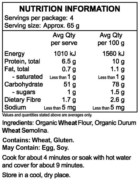 Organic wheat flour, organic durum wheat, semolina, salt