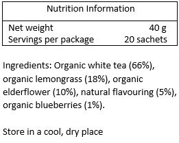 Organic white tea (66%), organic lemongrass (18%), organic elderflower (10%), natural blueberry flavour (5%), organic blueberries (1%)