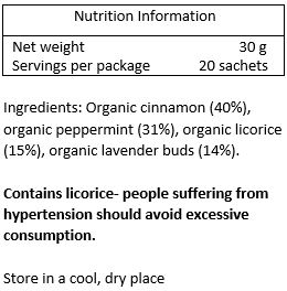 Organic cinnamon (40%), organic peppermint (31%), organic licorice (15%), organic lavender (14%)