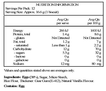 Fresh eggs 38%, sugar, maize starch, rice flour, thickener, guar gum (E-412); flavour.