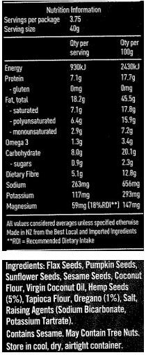 Flax Seeds, Pumpkin Seeds, Sunflower Seeds, Sesame Seeds, Coconut Flour, Virgin Coconut Oil, Hemp Seeds (5%), Tapioca Flour, Oregano (1%), Salt, Baking Soda, Cream of Tartar.