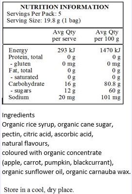 Organic rice syrup, organic can sugar, pectin, citric acid, ascorbic acid, natural flavours, organic colour from concentrate (apple, carrot, pumpkin, blackcurrant), organic sunflower oil, organic carnauba wax.