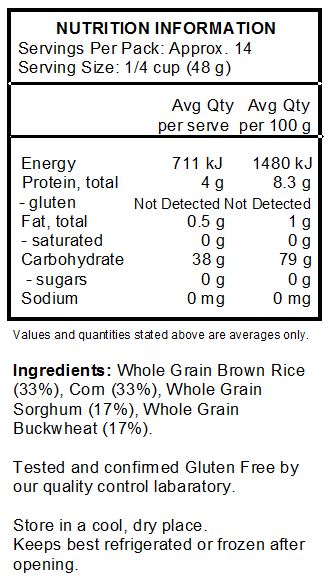 Whole Grain Brown Rice (33%), Corn (33%), Whole Grain Sorghum (17%), Whole Grain Buckwheat (17%).