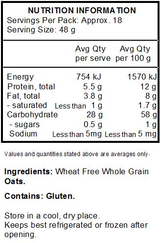 Wheat Free Whole Grain Oats.
<br>
Contains: Gluten.