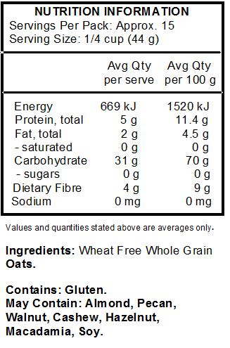 Wheat Free Whole Grain Oats.
<br>
Contains: Gluten.