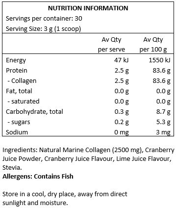 Natural Marine Collagen (2500mg), Cranberry Juice Powder, Cranberry Juice Flavour, Lime Juice Flavour, Stevia.