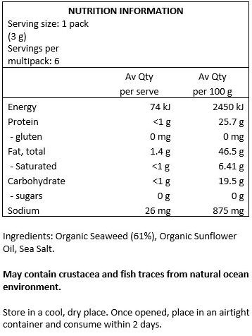 Organic Seaweed (61%) Organic Sunflower Oil, Sea Salt (3%).
<br>
May Contain: Fish, Crustacea from Natural Ocean Environment