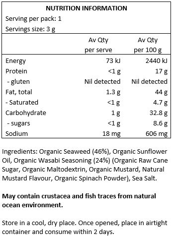 Organic Seaweed (39%), Organic Sunflower Oil, Organic Wasabi Seasoning (35%) (Organic Raw Cane Sugar, Organic Maltodextrin, Organic Mustard, Natural Mustard Flavour, Organic Spinach Powder), Sea Salt. May contain crustacea and fish traces from natural ocean environment.