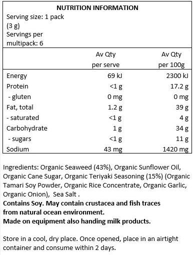 Organic Seaweed (43%) Organic Sunflower Oil, Organic Cane Sugar, Organic Teriyaki Seasoning (15%) (Organic Tamari Soy Powder, Organic Rice Concentrate, Organic Garlic, Organic Onion), Sea Salt. 
<br>
Contains Soy.
May Contain: Fish, Crustacea from natural ocean environment. 