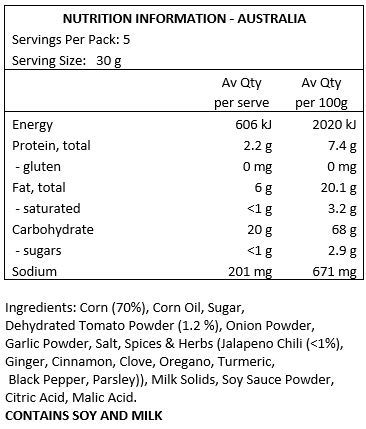 Corn (70%), Corn Oil, Sugar, Dehydrated Tomato Powder (1.2 %), Onion Powder, Garlic Powder, Salt, Spices & Herbs (Jalapeno Chili (<1%), Ginger, Cinnamon, Clove, Oregano, Turmeric, Black Pepper, Parsley), Milk Solids, Soy Sauce Powder, Citric Acid, Malic Acid.
 CONTAINS SOY AND MILK.
