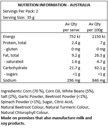 Corn (70 %), Corn Oil, White Beans (5%), Salt (2%), Garlic Powder, Beetroot Powder (<1%), Spinach Powder (<1%), Sugar, Citric Acid, Natural Beetroot Colour, Natural Turmeric Colour, Natural Chlorophyll Colour.
Made on premises that also manufacture milk and soy products.
