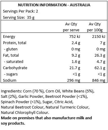 Corn (70 %), Corn Oil, White Beans (5%), Salt (2%), Garlic Powder, Beetroot Powder (<1%), Spinach Powder (<1%), Sugar, Citric Acid, Natural Beetroot Colour, Natural Turmeric Colour, Natural Chlorophyll Colour.
Made on premises that also manufacture milk and soy products.