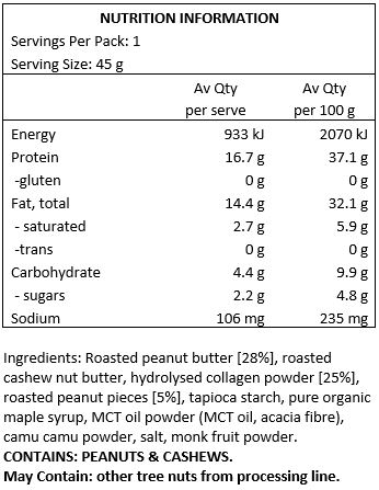 Nuts (peanuts [33%] and cashews [28%]), halal grass-fed bovine collagen [25%], tapioca starch, pure organic maple syrup, MCT oil powder (MCT oil coconut based, acacia fibre), camu camu, Himalayan salt, monk fruit.