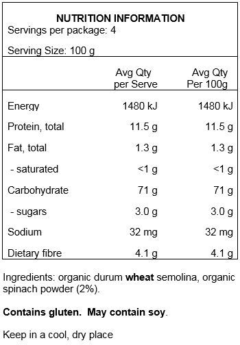 Durum Weat Semolina (100% Organic) Spinach
May Contain Traces Of Soy.