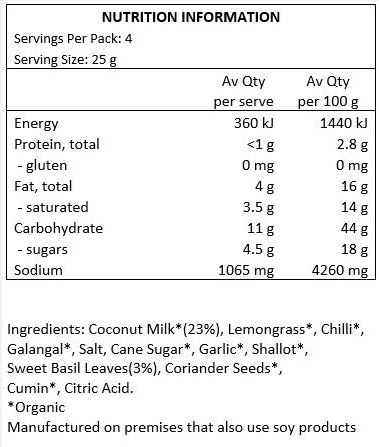 Coconut Milk* (23%), Chilli*, Lemongrass*, Salt, Cane Sugar*, Galangal*, Garlic *, Shallot*, Sweet Basil Leaves (3%), Coriander Seeds*, Cumin*, Citric Acid. *Organic Manufactured on premises that also use soy products.