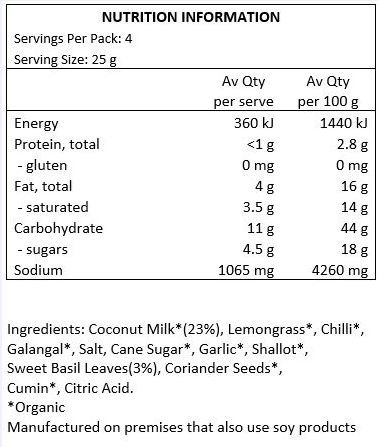 Coconut Milk* (23%), Chilli*, Lemongrass*, Salt, Cane Sugar*, Galangal*, Garlic *, Shallot*, Sweet Basil Leaves (3%), Coriander Seeds*, Cumin*, Citric Acid. *Organic Manufactured on premises that also use soy products.