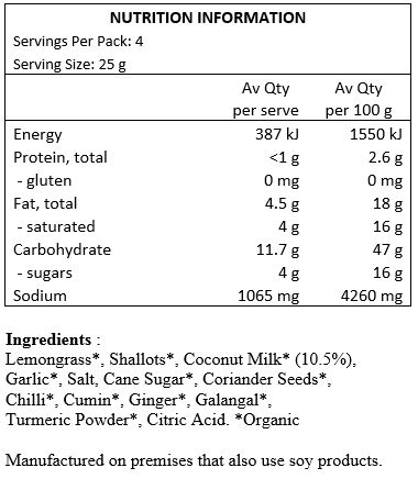 Lemongrass*, Shallots*, Coconut Milk* (10.5%), Garlic*, Salt, Cane Sugar*, Coriander Seeds*, Chilli*, Cumin*, Ginger*, Galangal*, Turmeric Powder*, Citric Acid. *Organic 
Manufactured on premises that also use soy products.