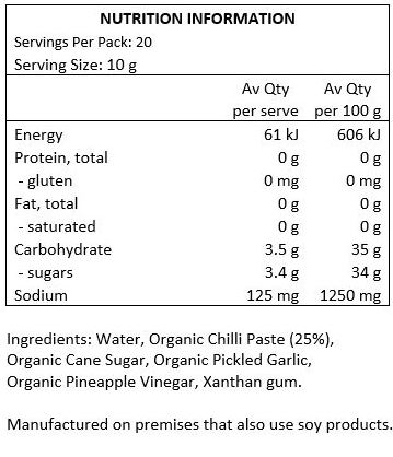 Water, Organic Chilli Paste (25%), Organic Cane Sugar, Organic Pickled Garlic, Organic Pineapple Vinegar, Xanthan Gum.
Manufactured on premises that also use soy products.