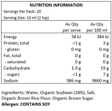 Water, Organic Soy Bean (18%), Salt, Organic Brown Rice Flour, Organic Brown
Sugar.
ALLERGEN: CONTAINS SOY