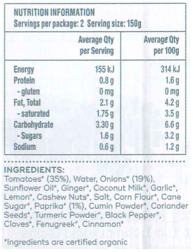 Tomatoes, Coconut, Onions, Water, Sunflower Oil, Cashew Nuts, Ginger, Garlic, Corn Flour, Salt, Cane Sugar, Chillies, Fenugreek, Kashmiri Garam Masala, Turmeric Powder, Cloves, Cardamom. May contain traces of nuts and/or seeds.