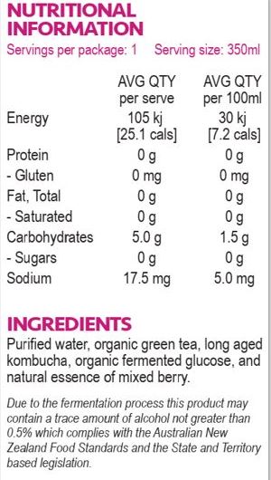 Purified water, organic green tea, long aged kombucha, organic fermented glucose, natural essence of mixed berry.