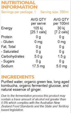 Purified water, organic green tea, long aged kombucha, organic fermented glucose, natural essence of ginger.