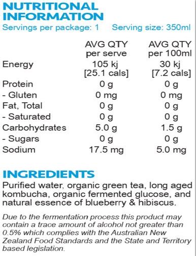 Purified water, organic green tea, long aged kombucha, organic fermented glucose, natural essence of blueberry & hibiscus.