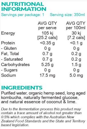 Purified water, organic hemp seed, long aged kombucha, naturally fermented glucose, natural essence of coconut & lime.