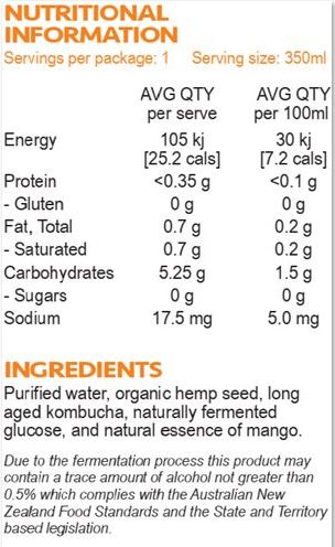 Purified water, organic hemp seed, long aged kombucha, naturally fermented glucose, natural essence of mango.