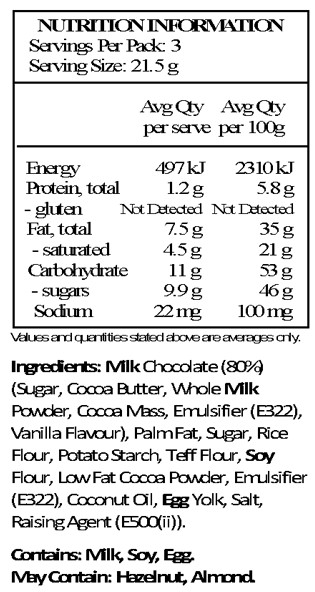 Milk chocolate (80%) (sugar, cocoa butter, whole milk powder, cocoa mass, emulsifier: soya lecithin, vanilla), non hydrogenated vegetable fat, sugar, rice flour, potato starch, teff flour, soya flour, low fat cocoa powder, emulsifier: soya lecithin, vegetable oil, egg yolk, salt, raising agent: sodium hydrogen carbonate. May contain traces of hazelnuts and peanuts