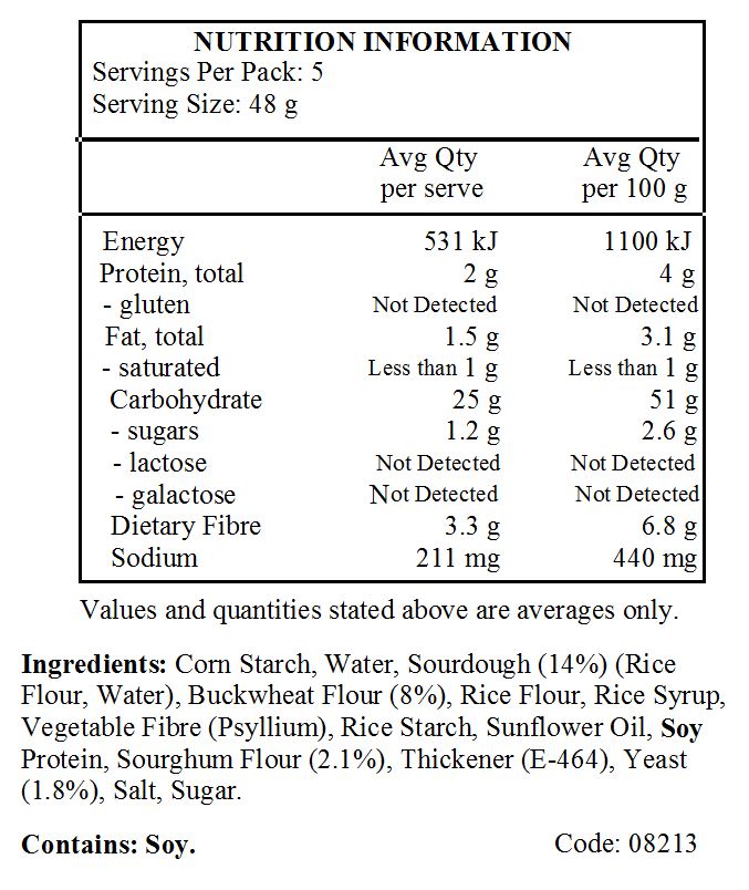 Water, maize flour, sour dough 17% (rice flour, water), buckwheat flour 6.7%, rice flour, rice syrup, vegetable fibre (psyllium), rice starch, sunflower oil, soya protein, sorghum flour 1.7%, thickener: hydroxypropyl methyl cellulose; salt, yeast, sugar.