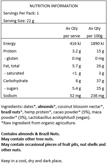 Dates*, Almonds* (30%), Coconut Blossom Nectar*, Brazil Nut*, Hemp Protein*, Cacao Powder* (5%), Maca Powder* (3%), Lactobacillus Acidophilus. *Organic Certified Ingredient.
CONTAINS NUTS.