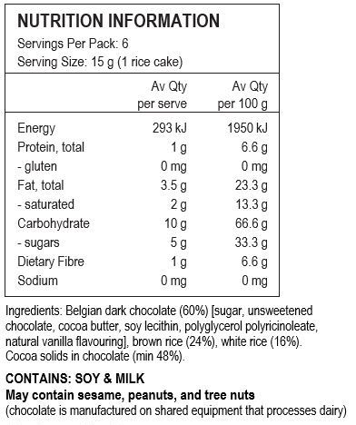 Belgian Dark Chocolate (60%) [Sugar, Unsweetened Chocolate, Cocoa Butter, Soy Lecithin, Polyglycerol Polyricinoleate, Natural vanilla Flavouring], Brown Rice (24%), White Rice (16%). Cocoa solids in chocolate (min 48%).

CONTAINS: SOY & MILK
May contain sesame, peanuts and tree nuts. Chocolate is manufactured on shared equipment that processes dairy.

