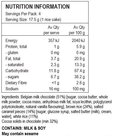 Belgian Milk Chocolate (51%) [Sugar, Cocoa Butter, Whole Milk Powder, Cocoa Mass, Anhydrous Milk Fat, Soya Lecithin, Polyglycerol Polyricinoleate, Natural Vanilla Flavouring], Brown Rice (24%), Salted Caramel Pieces (14%) [Sugar, Glucose Syrup, Salted Butter (Milk), Cream, Water], White Rice (11%). Cocoa solids in chocolate (min 32%).

CONTAINS: MILK & SOY
May contain sesame.
